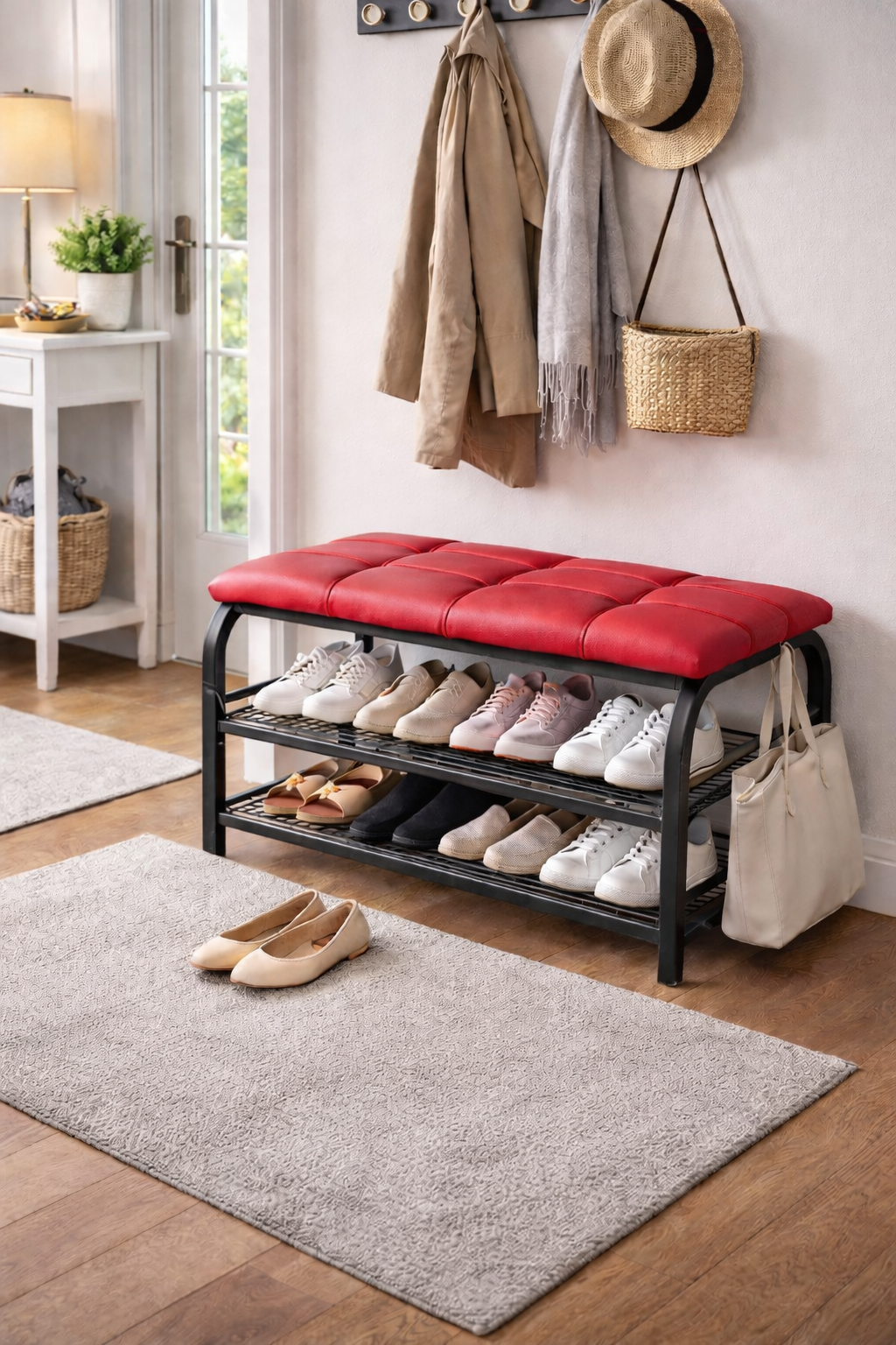 Banc porte-chaussures 2 étages avec assise rembourrée